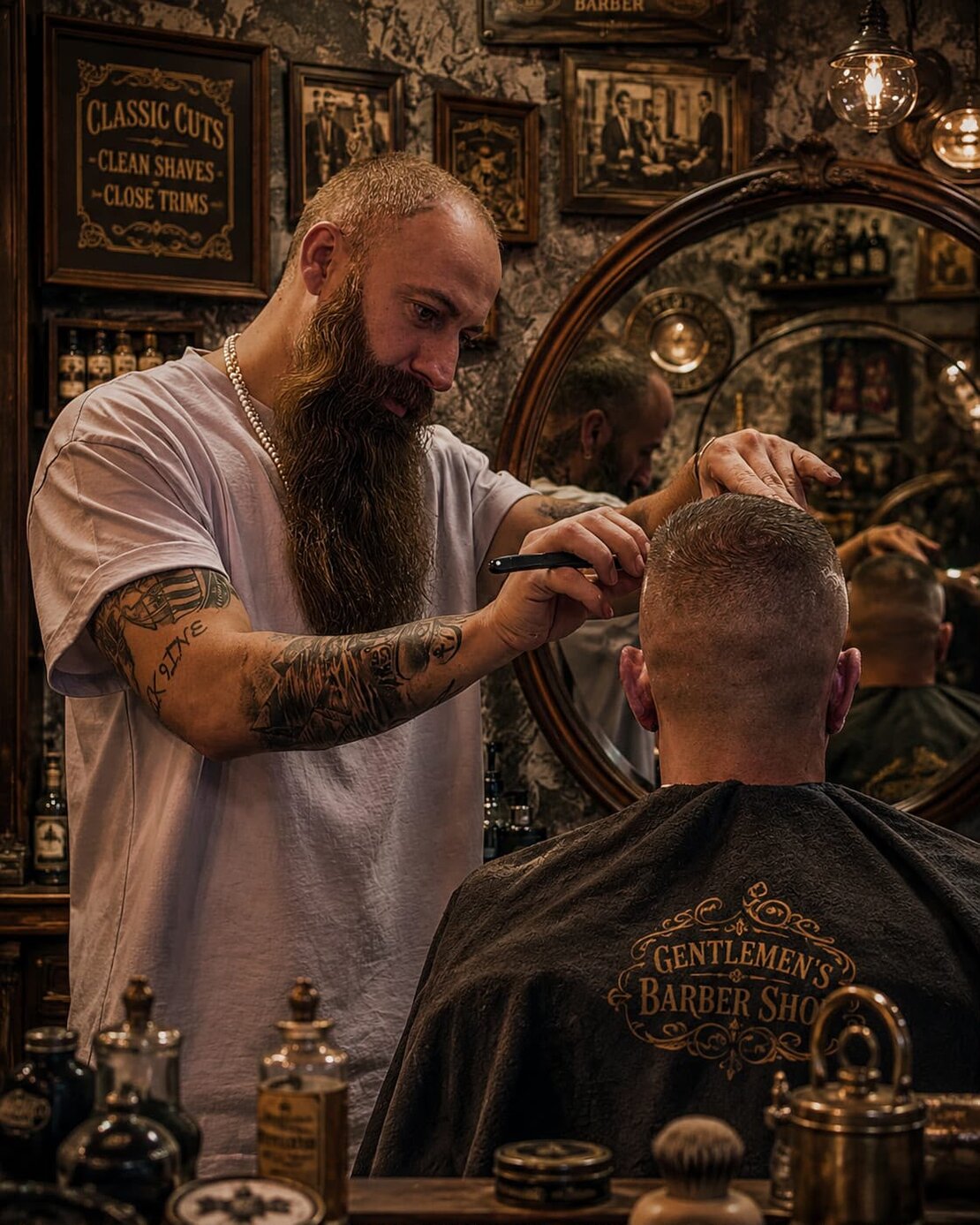 Kunde im Barbershop bei Haare-und-Bart-Behandlung